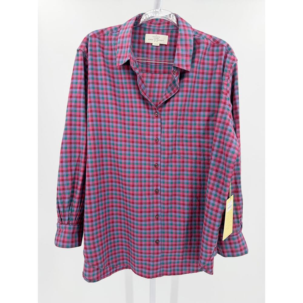 Birds of Paradis by Trovata Shirt Blake Oversized Top Purple Poppy Pine Check L